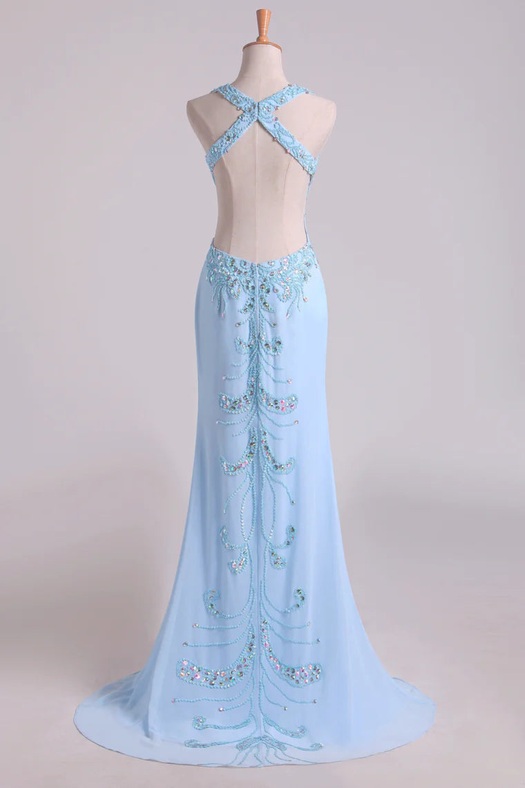 Halter Sheath Party Dresses With Slit And Beading Chiffon Sweep Train